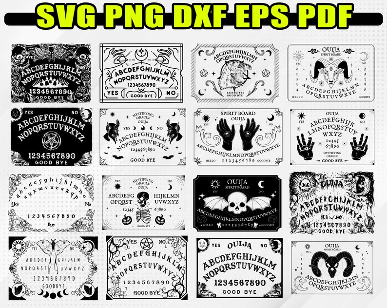 Puede incluir: Un conjunto de 12 dise&ntilde;os de tablero Ouija en blanco y negro. Cada dise&ntilde;o presenta un estilo diferente de tablero Ouija con varios s&iacute;mbolos, letras, n&uacute;meros y palabras. Los dise&ntilde;os son perfectos para proyectos de manualidades, como la creaci&oacute;n de pegatinas, camisetas o decoraci&oacute;n del hogar.