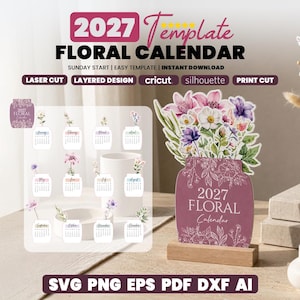 May include: A 2027 floral calendar template featuring a layered design of a mason jar filled with watercolor flowers. The set includes twelve monthly calendar pages, each with a unique floral illustration, compatible with laser cut and print cut.