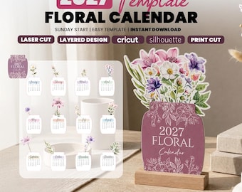 2027 Floral Calendar Template, Printable Flowers Desk Calendar, SVG - PNG For Cutting, Bouquet Calendar, Svg For Cricut, Instant Download