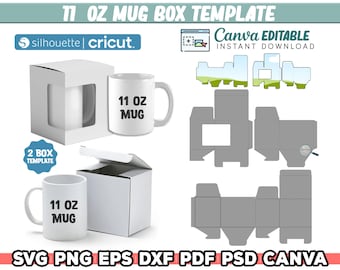 Plantilla de caja de taza de 11 oz, plantilla de caja de taza con ventana, caja de taza de 11 oz svg, caja cuadrada, svg para cricut, canva editable, descarga instantánea