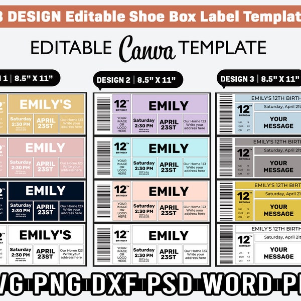 Shoe box label template, Shoe box label svg, label editable, birthday box label template, Favor box label, Printable, Instant download