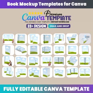 May include: A digital collection of 33+ book mockup templates for Canva, featuring various layouts of open and closed books with a landscape graphic of a green hill and blue sky. The text reads Book Mockup Templates for Canva and Premium.