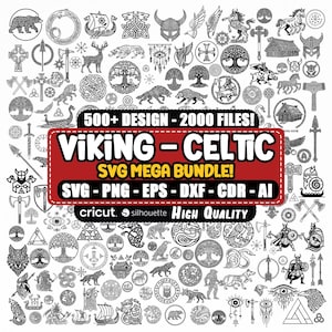 Może przedstawiać: Kolekcja elementów wzornictwa wikingów i celtyckich w czerni i bieli. Obraz zawiera różne symbole, zwierzęta i wzory. Tekst na czerwonym banerze brzmi "VIKING - CELTIC SVG MEGA BUNDLE!" ze szczegółami typu pliku i "High Quality".