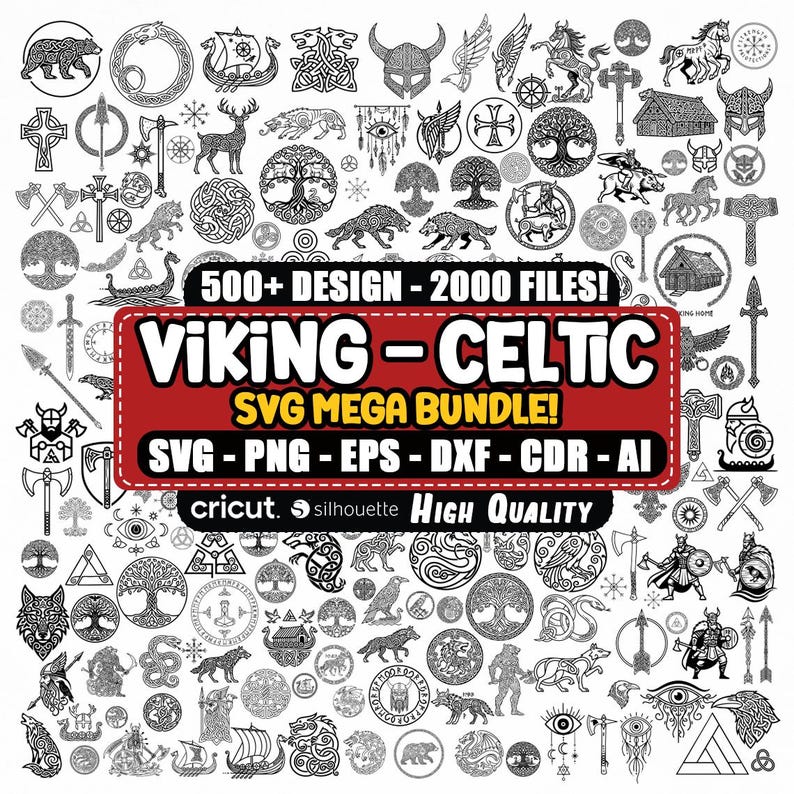 May include: A collection of Viking and Celtic design elements in black and white. The image includes various symbols, animals, and patterns. Text on a red banner reads "VIKING - CELTIC SVG MEGA BUNDLE!" with file type details and "High Quality".
