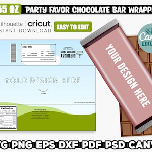 Könnte beinhalten: Eine druckbare Vorlage für eine Schokoladenriegelverpackung. Die Verpackung ist rosa mit dem Text "YOUR DESIGN HERE" in Schwarz. Die Vorlage enthält Platz für einen Namen, Nährwertangaben und Zutaten. Der Text "1.55 OZ PARTY FAVOR CHOCOLATE BAR WRAPPER" befindet sich oben auf der Vorlage. Der Text "silhouette | cricut. EASY TO EDIT INSTANT DOWNLOAD" befindet sich unter dem Titel. Der Text "SVG PNG EPS DXF PDF PSD CANVA" befindet sich unten auf der Vorlage.