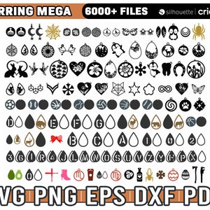 May include: A large collection of 6000+ earring designs in black and white. The designs include various shapes, such as hearts, stars, animals, and geometric patterns. The text "EARRING MEGA 6000+ FILES silhouette cricut." is at the top of the image. The text "SVG PNG EPS DXF PDF" is at the bottom of the image.