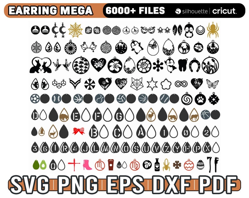 May include: A large collection of 6000+ earring designs in black and white. The designs include various shapes, such as hearts, stars, animals, and geometric patterns. The text "EARRING MEGA 6000+ FILES silhouette cricut." is at the top of the image. The text "SVG PNG EPS DXF PDF" is at the bottom of the image.