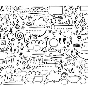 May include: A collection of hand-drawn doodle elements in black ink on a white background. Includes arrows, crowns, stars, speech bubbles, clouds, diamonds, and other decorative shapes. Perfect for digital art, scrapbooking, or design projects.