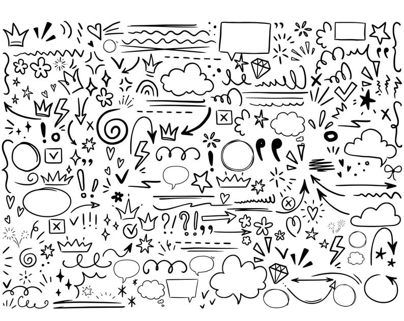 May include: A collection of hand-drawn doodle elements in black ink on a white background. Includes arrows, crowns, stars, speech bubbles, clouds, diamonds, and other decorative shapes. Perfect for digital art, scrapbooking, or design projects.