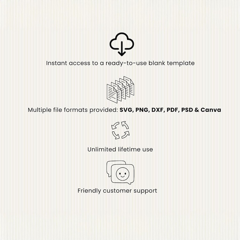 May include: A graphic with icons and text. The text reads: "Instant access to a ready-to-use blank template," "Multiple file formats provided: SVG, PNG, DXF, PDF, PSD & Canva," "Unlimited lifetime use," and "Friendly customer support."