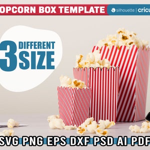 May include: Three red and white striped popcorn boxes of different sizes. The boxes are filled with popcorn and are sitting on a white surface. The text "DIFFERENT 3 SIZE" is in a white circle with a blue outline.