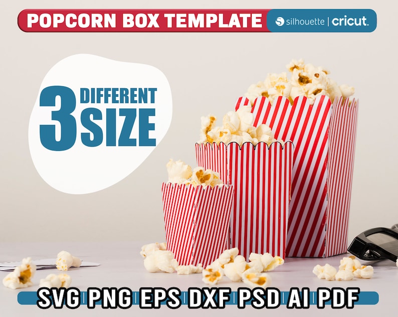 May include: Three red and white striped popcorn boxes of different sizes. The boxes are filled with popcorn and are sitting on a white surface. The text "DIFFERENT 3 SIZE" is in a white circle with a blue outline.