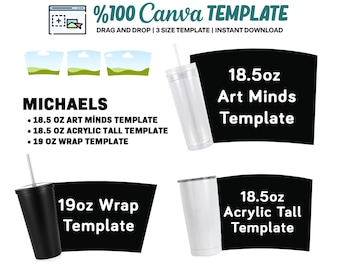 May include: A digital download template for creating 18.5 ounce art minds tumblers, 18.5 ounce acrylic tall tumblers, and 19 ounce wrap tumblers. The template is compatible with Canva, SVG, PNG, EPS, DXF, PDF, and PSD file formats.