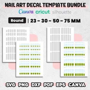 May include: Nail art decal template bundle with various designs. Includes round templates in sizes 23-75 mm. Compatible with Canva, Cricut, and Silhouette. Formats include SVG, PNG, DXF, PDF, EPS, and Canva.