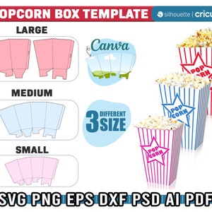 Pacchetto scatola di popcorn, scatola di popcorn di 3 dimensioni, modello di ciotola di popcorn, file tagliati, popcorn Svg per Cricut, modello di scatola di snack, grande, medio, piccolo