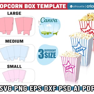 Pacchetto scatola di popcorn, scatola di popcorn di 3 dimensioni, modello di ciotola di popcorn, file tagliati, popcorn Svg per Cricut, modello di scatola di snack, grande, medio, piccolo