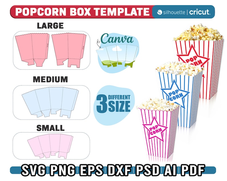 May include: A printable template for creating popcorn boxes in three sizes: large, medium, and small. The template includes a design for the front of the box with the words "Pop Corn" in a star shape. The template is compatible with Silhouette and Cricut cutting machines.