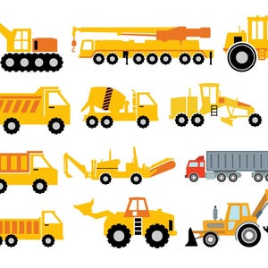 Puede incluir: Un conjunto de diez veh&iacute;culos de construcci&oacute;n amarillos, que incluyen una gr&uacute;a, un cami&oacute;n volquete, una mezcladora de cemento, una excavadora, una excavadora y un cami&oacute;n de plataforma. Los veh&iacute;culos son todos ilustraciones de estilo de dibujos animados.