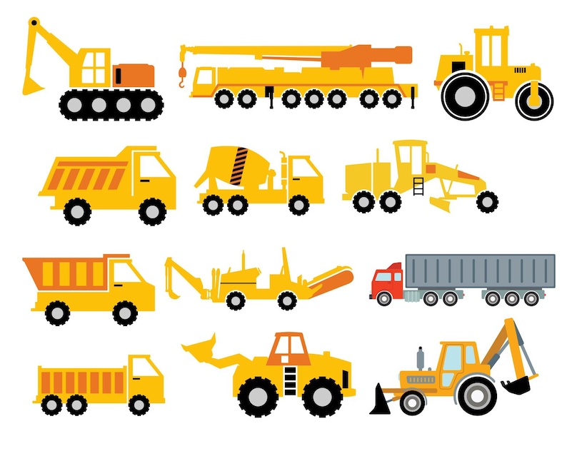 Puede incluir: Un conjunto de diez veh&iacute;culos de construcci&oacute;n amarillos, que incluyen una gr&uacute;a, un cami&oacute;n volquete, una mezcladora de cemento, una excavadora, una excavadora y un cami&oacute;n de plataforma. Los veh&iacute;culos son todos ilustraciones de estilo de dibujos animados.