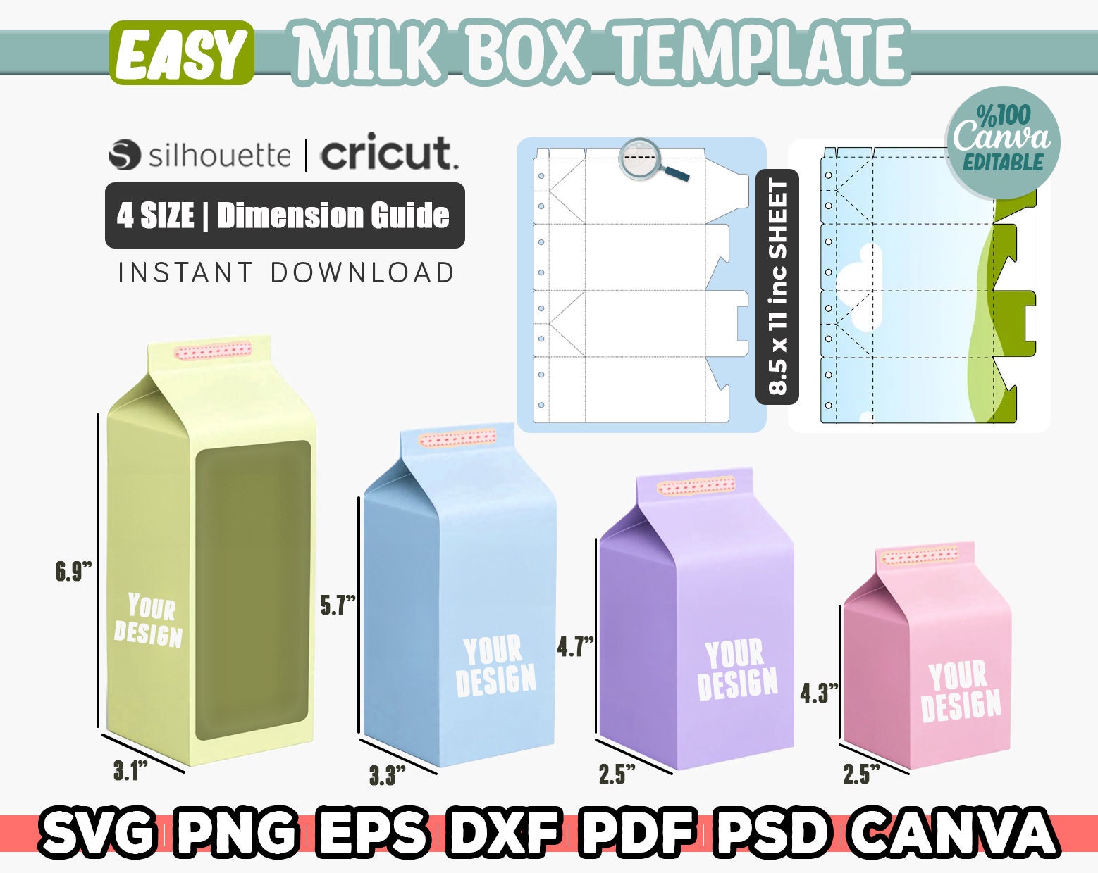 4 Milk Box Template Svg, Milk Carbon Template, Milk Favor Box Svg, Svg For Cricut, Favor Box Cut File, Box Template, Editable Canva, Instant