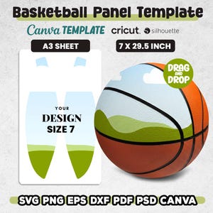 May include: A basketball panel template with the text "Basketball Panel Template" and "Canva TEMPLATE". The design includes a basketball graphic and a template with the text "YOUR DESIGN SIZE 7". The template is 7 x 29.5 inches.