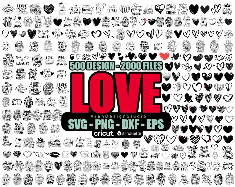 K&ouml;nnte beinhalten: Eine Sammlung von 500 schwarz-wei&szlig;en Designs zum Thema Liebe, darunter Herzen, Text und Illustrationen. Die Designs sind perfekt f&uuml;r Basteln, Scrapbooking und andere kreative Projekte. Der Text auf dem Bild lautet "500 DESIGN - 2000 FILES LOVE Aren Design Studio SVG - PNG - DXF - EPS cricut. silhouette".