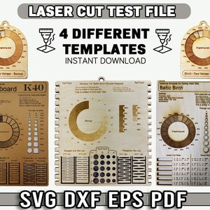 May include: Four laser cut test files for different materials, including cardboard, Baltic birch, and Windsor birch. Each file includes a variety of tests for engraving, kerf, and vector cuts. The files are available in SVG, DXF, EPS, and PDF formats.