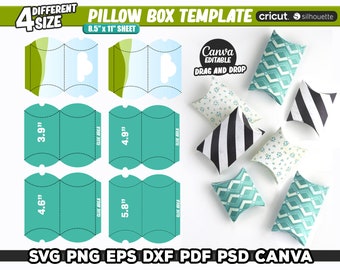 Pillow Box Template, Pillow Box Svg, Pillow Boxes Svg Bundle, Favor Box Template, Gift Box, Editable Canva, Instant Download