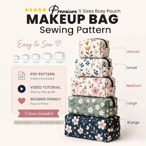 Boxy Pouch Sewing Pattern, 5 Sizes Makeup Bag Pattern Sewing, Zipper Bag Pouch Video Tutorial, Accessory Bag, Toiletry Pouch