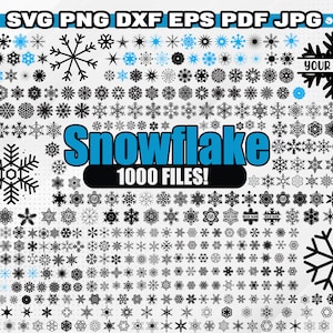 May include: A collection of 1000 black and white snowflake designs. The text "Snowflake" and "1000 FILES!" is displayed in blue letters.