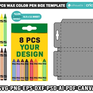 8pcs Wax Color Pen Gift Box Template, Editable Canva Template, Crayon Box Svg Template, %100 Editable Wax Crayon Box, Instant Download