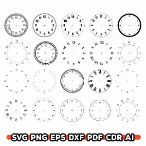 Pu&ograve; includere: Una collezione di quadranti di orologio in bianco e nero, con vari design con numeri romani, numeri arabi e stili minimalisti. L'immagine include il testo "SVG PNG EPS DXF PDF CDR AI" in basso, che indica i formati di file.