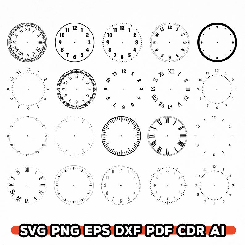 Pu&ograve; includere: Una collezione di quadranti di orologio in bianco e nero, con vari design con numeri romani, numeri arabi e stili minimalisti. L'immagine include il testo "SVG PNG EPS DXF PDF CDR AI" in basso, che indica i formati di file.
