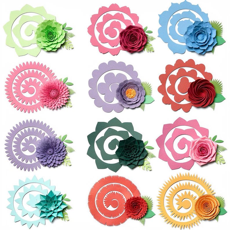 May include: A collection of colorful paper flowers in various designs. Each flower features a spiral or circular base with a contrasting flower and green leaf accents. Colors include pink, blue, green, purple, orange, and yellow.