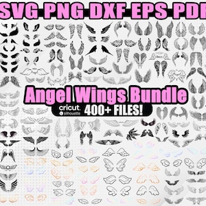 May include: A digital download of 400+ angel wing designs in SVG, PNG, DXF, EPS, and PDF formats. The designs are perfect for crafting projects, scrapbooking, and more.