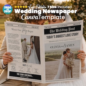 Puede incluir: Una plantilla de periódico de boda para Canva con el título The Wedding Post, el titular Today's Biggest Love Story y los nombres Olivia and James. El diseño incluye texto de marcador de posición, marcos de fotos e iconos de premios.