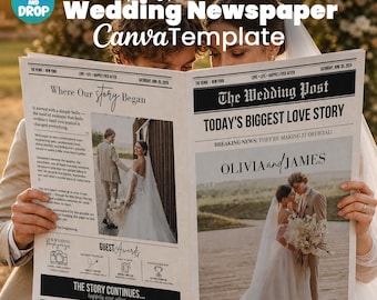 Wedding Newspaper Template, Wedding Paperews Canva, 7 Size Wedding Newsletter Template, Wedding Times Program, Wedding Magazine