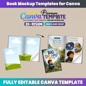 May include: Book mockup templates for Canva featuring text that reads Book Mockup Templates for Canva, Premium Canva Template, 33+ Design, Drag and Drop, and Fully Editable Canva Template. Includes illustrations of open and closed books.