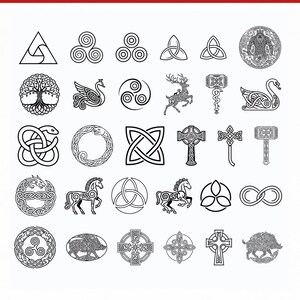 May include: A collection of black and white Celtic knot designs, including a tree of life, deer, horses, crosses, and other intricate symbols. The designs are arranged in rows and columns on a white background.