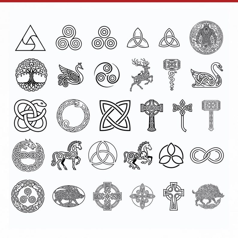 May include: A collection of black and white Celtic knot designs, including a tree of life, deer, horses, crosses, and other intricate symbols. The designs are arranged in rows and columns on a white background.