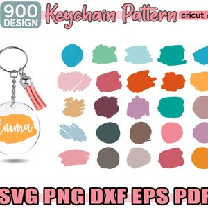 May include: A keychain pattern with a variety of colors and shapes. The pattern includes circles, squares, and rectangles. The colors include blue, green, red, orange, yellow, purple, pink, and brown. The pattern is designed for use with Cricut or Silhouette cutting machines. The text "Emma" is written on a yellow circle.
