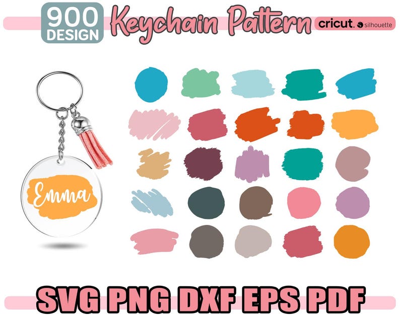 May include: A keychain pattern with a variety of colors and shapes. The pattern includes circles, squares, and rectangles. The colors include blue, green, red, orange, yellow, purple, pink, and brown. The pattern is designed for use with Cricut or Silhouette cutting machines. The text "Emma" is written on a yellow circle.