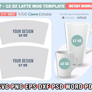 May include: A digital template for a 17-ounce and 12-ounce latte mug. The template is designed for use with cutting machines such as Silhouette and Cricut. The template includes two mug designs, one for a 17-ounce mug and one for a 12-ounce mug. The template is 8.5 inches by 11 inches and is 100% editable in Canva.