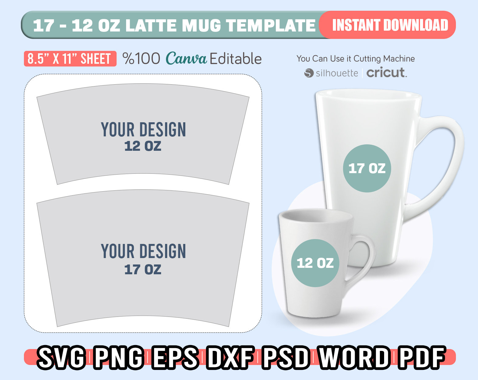 12 - 17oz Latte Mug Template, 12oz Latte Mug Full Wrap Template, 17oz Latte Mug Sublimation Template Svg, For Cricut, Instant Download