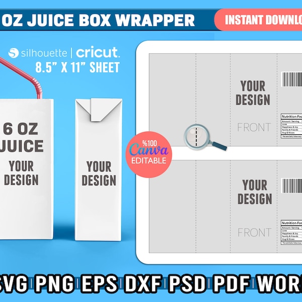 6oz juice box template, Juice Box Wrapper Template, 6 oz Juice Box Label Svg, Canva Editable, Juice Box Sticker, Printable, Cut Files