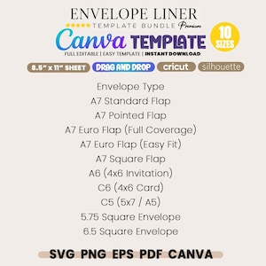 Op de afbeelding: Een envelopvoering sjabloonbundel voor Canva met 10 formaten, waaronder A7, A6, C6, C5 en vierkante enveloppen. Het digitale bestand ondersteunt SVG, PNG, EPS, PDF en Canva-indelingen, compatibel met vellen van 21,59 cm bij 27,94 cm.