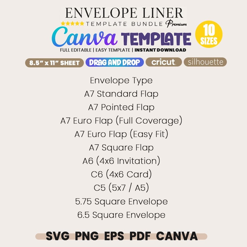 Op de afbeelding: Een envelopvoering sjabloonbundel voor Canva met 10 formaten, waaronder A7, A6, C6, C5 en vierkante enveloppen. Het digitale bestand ondersteunt SVG, PNG, EPS, PDF en Canva-indelingen, compatibel met vellen van 21,59 cm bij 27,94 cm.