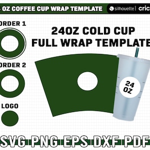 May include: A digital template for a 24 ounce cold cup wrap design. The template includes a green cup wrap with a circle for a logo, a circle for a border, and a circle for text. The template also includes a separate circle for a 24 ounce size label. The text "24 OZ COLD CUP FULL WRAP TEMPLATE" is displayed at the top of the image. The text "SVG PNG EPS DXF PDF" is displayed at the bottom of the image.