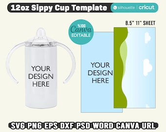 May include: A white 12-ounce sippy cup with two handles. The cup has a clear lid and a white area for personalization. The text "YOUR DESIGN HERE" is printed on the cup. The image also shows a template for the cup design on an 8.5 by 11 inch sheet of paper.