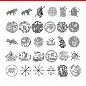 May include: A collection of black and white Viking-themed illustrations. The designs include wolves, dragons, Viking ships, and intricate knotwork patterns. The images are circular and linear, with a focus on Norse mythology and symbolism.